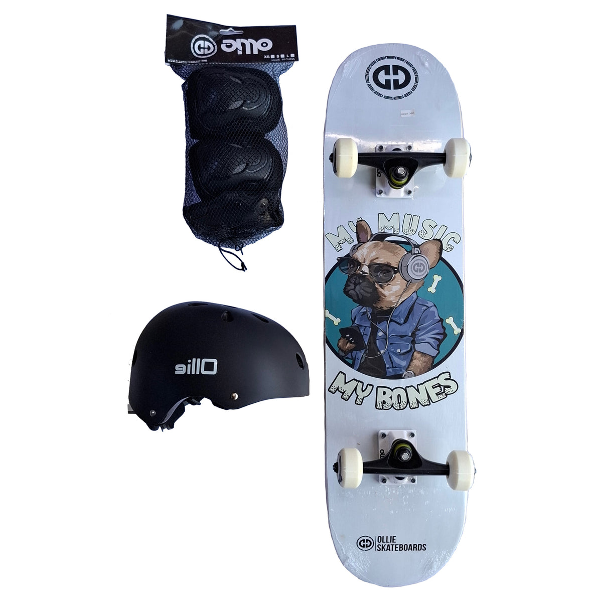 Pack Skateboard Prot Ollie My Bones My Music   - Blanco MG-7109-SET