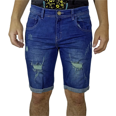 Bermuda Jean Moda Rasgado Para Hombre - Azul