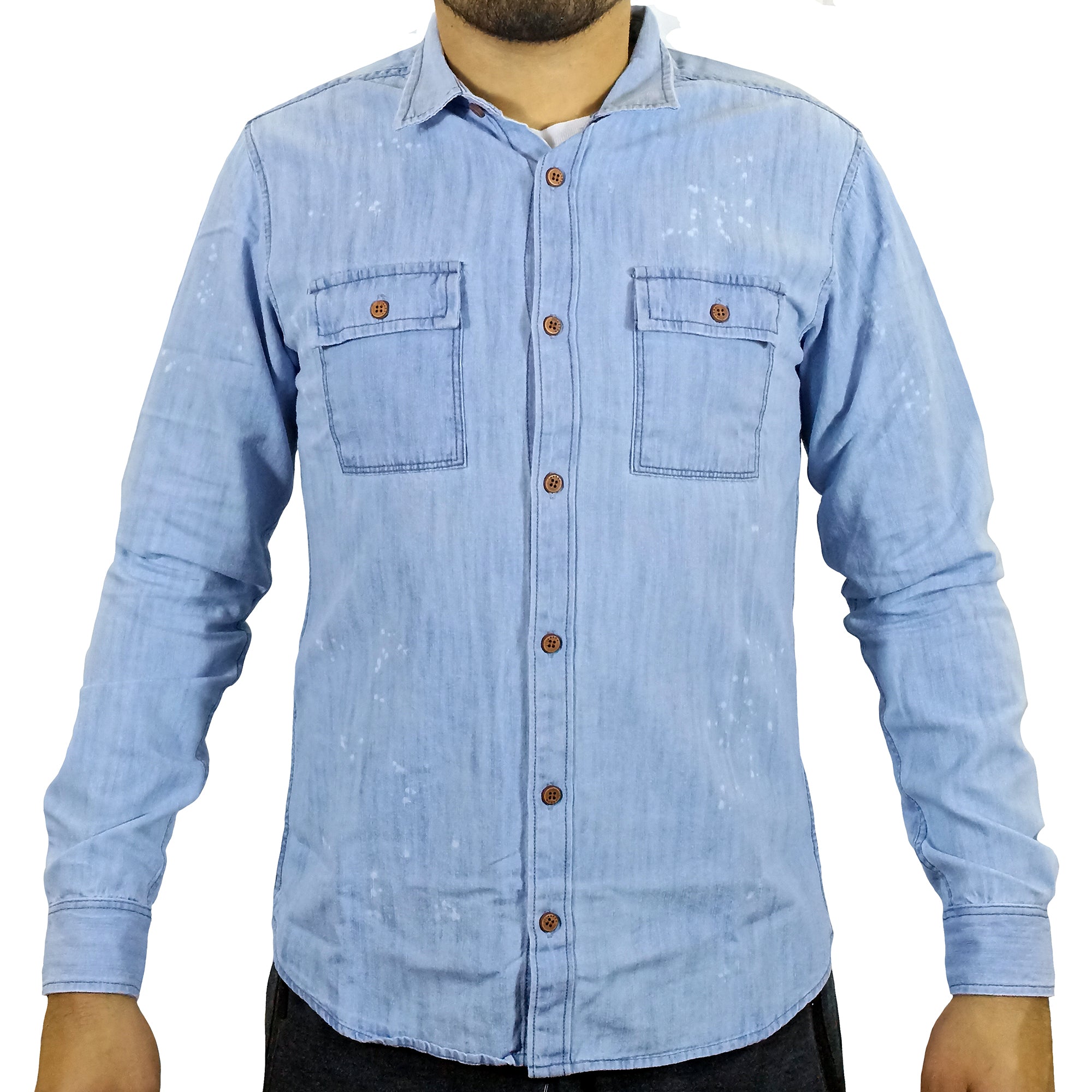 Camisa Jean Manga Larga Para Hombre - Celeste