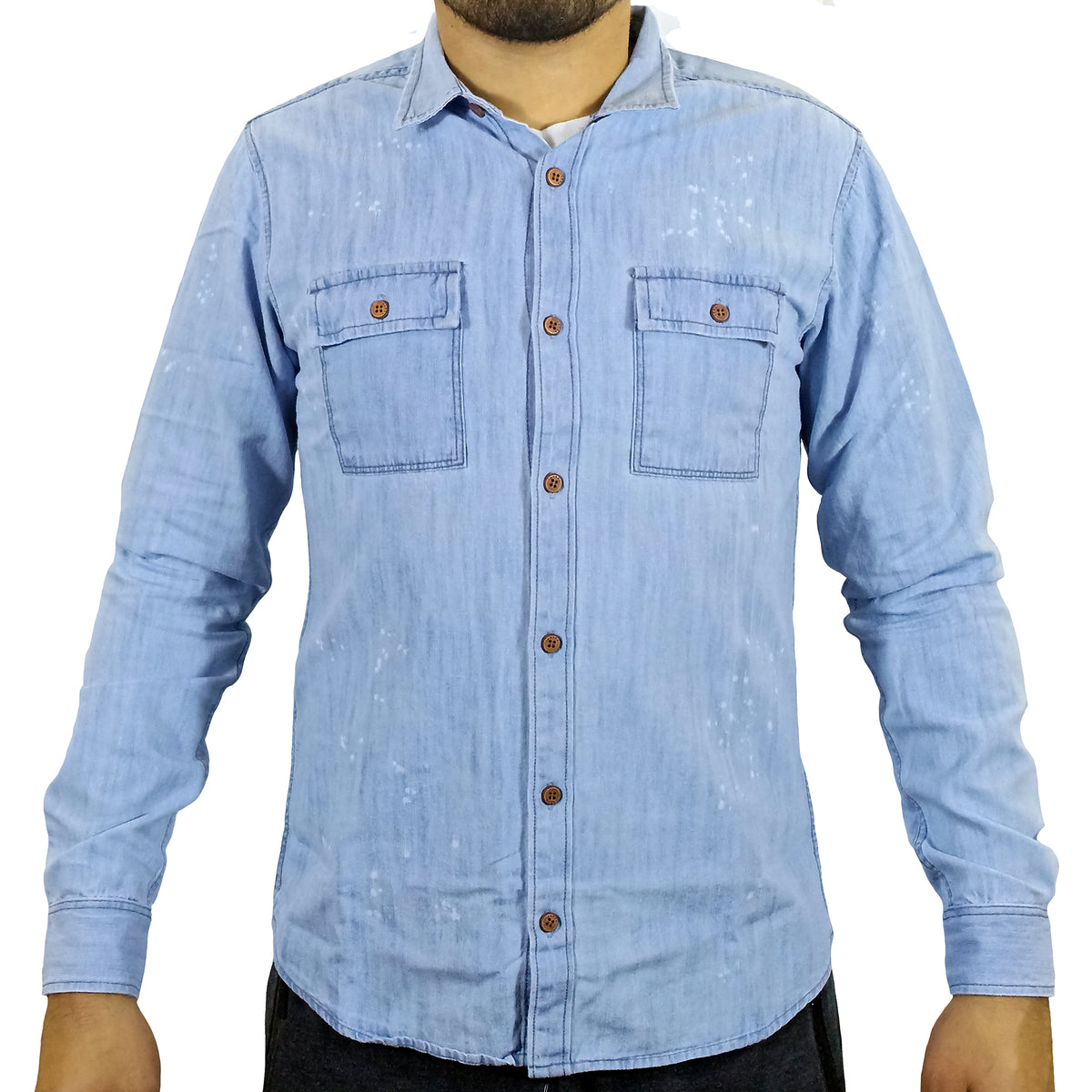 Camisa Jean Manga Larga Para Hombre - Celeste